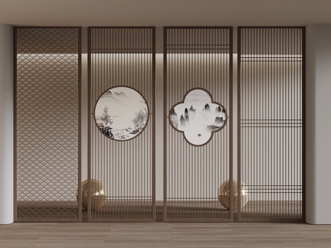  新中式屏风隔断 花格 木质隔断3d模型 