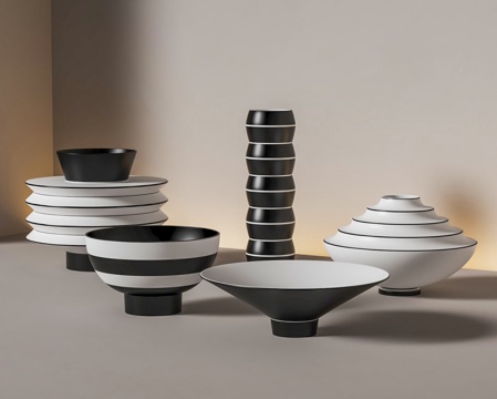  现代瓷器摆件 黑白斗笠碗花瓶 陶瓷花瓶 创意花瓶3d模型 