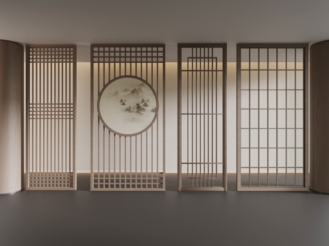  新中式屏风隔断 花格 木质隔断3d模型 