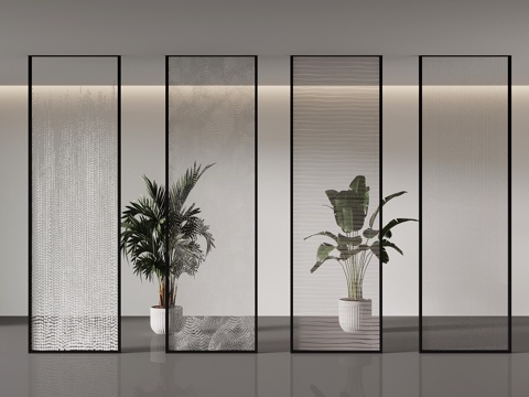  玻璃隔断 现代玻璃隔断 绿植su模型 