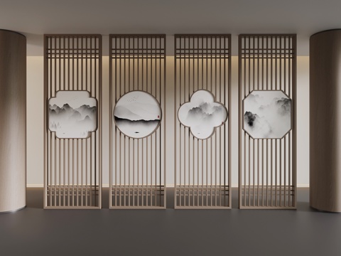  新中式屏风隔断 花格 木质隔断3d模型 