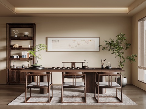  茶室 新中式茶室 博古架 茶桌椅 茶台 茶具3d模型 