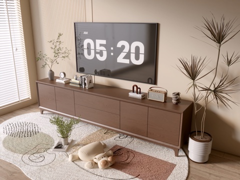  现代木纹电视柜 简约边柜 斗柜 矮柜  整体柜 餐边柜su模型 