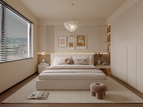  现代奶油风卧室3d模型 