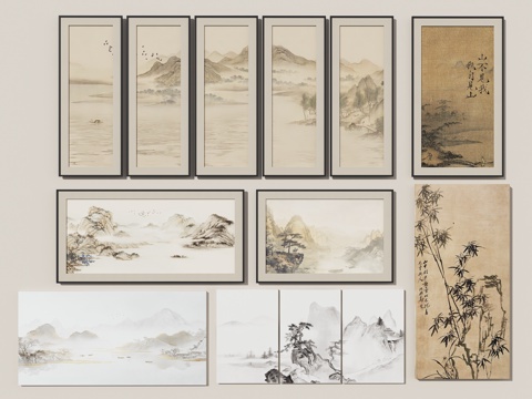  山水挂画 新中式挂画 中式装饰画 组合山水画 客厅挂画 壁画3d模型 