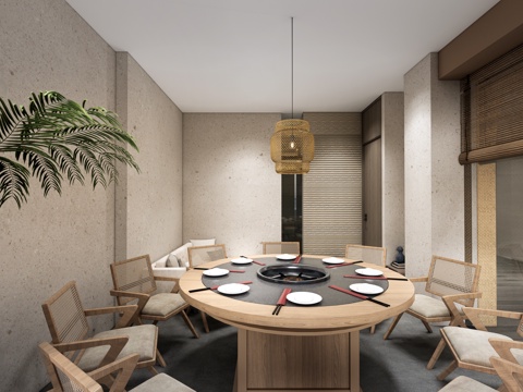  新中式包厢 餐厅包间 包厢桌椅su模型 