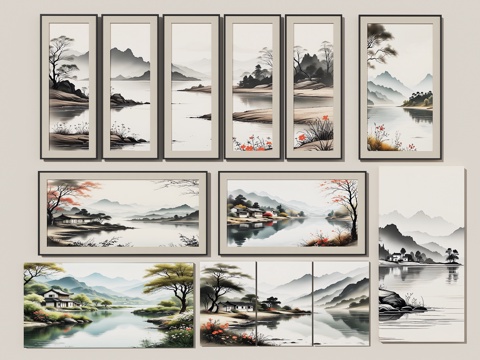  山水挂画 新中式挂画 中式装饰画 组合山水画 客厅挂画 壁画3d模型 