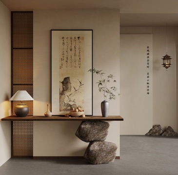  中古风玄关隔断 新中式玄关隔断  端景台 花瓶 装饰画su模型 