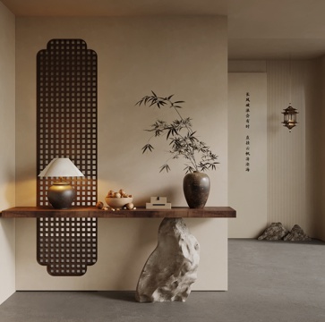  中古风玄关隔断 新中式玄关隔断  端景台 花瓶 装饰画su模型 