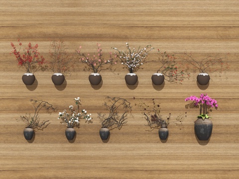  新中式中古花艺 花艺 干枝枯枝 陶罐花瓶 中古花艺 插花 花3d模型 