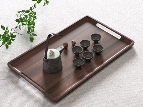  新中式托盘 茶盘摆件 胡桃木茶盘 桌面摆件 装饰品组合3d模型 