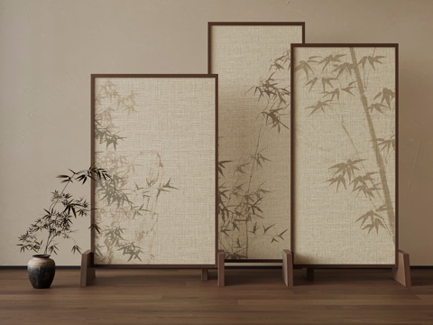  屏风 新中式屏风隔断 花瓶su模型 