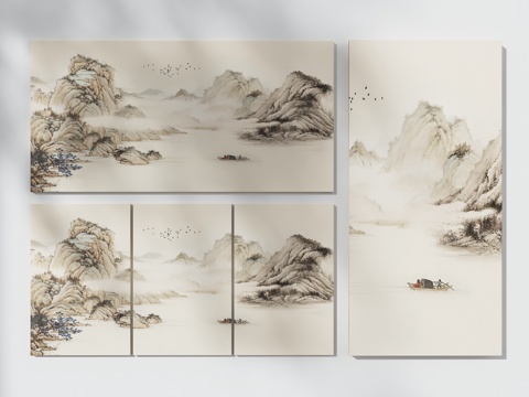 山水挂画 新中式挂画 中式装饰画 组合山水画 客厅挂画 壁画3d模型 