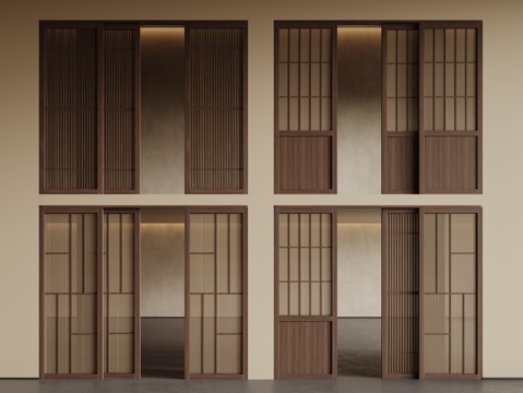  中古侘寂推拉门 藤编木移门su模型 