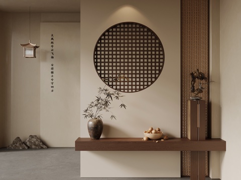  中古风玄关隔断 新中式玄关隔断  端景台 花瓶 装饰画su模型 