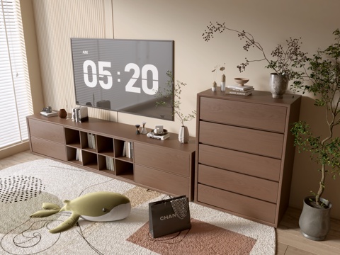  现代木纹电视柜 简约边柜 斗柜 矮柜  整体柜 餐边柜3d模型 