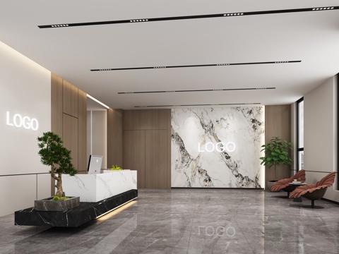  现代办公大厅前台3d模型 