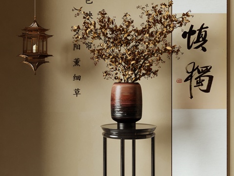  新中式花瓶花艺 插花花艺 挂画3d模型 