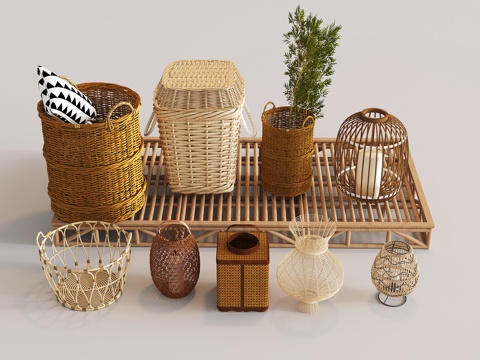  现代新中式藤编收纳筐 编织篮组合 景观小品 竹编小品 其它生su模型 