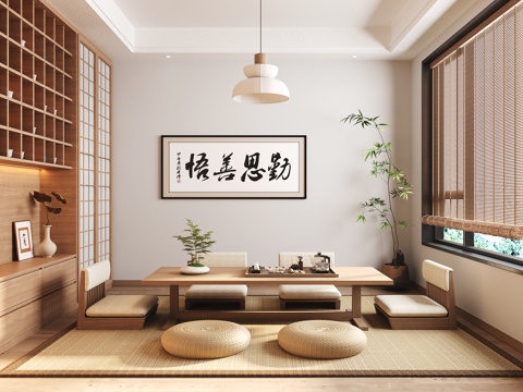  新中式茶室 茶桌椅 博古架 綠植 裝飾畫3d模型 