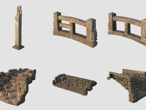 古代石雕石柱石碑石桥台阶栏杆3d模型 