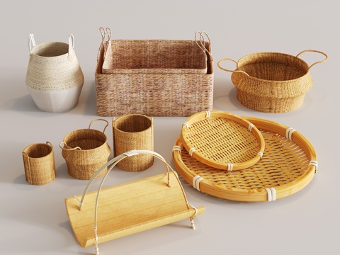  新中式藤编收纳筐 编织篮组合 景观小品 竹编小品 其它生活用3d模型 