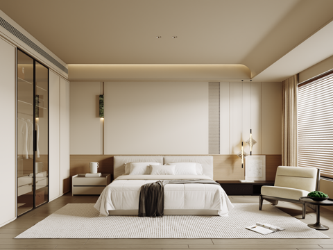  现代奶油家居卧室 主卧3d模型 