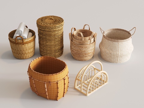  现代新中式藤编收纳筐 编织篮组合 景观小品 竹编小品 其它生su模型 