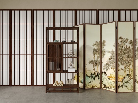 新中式屏风 木屏风 可折叠屏风 储物柜 装饰柜 端景玄关柜3d模型 