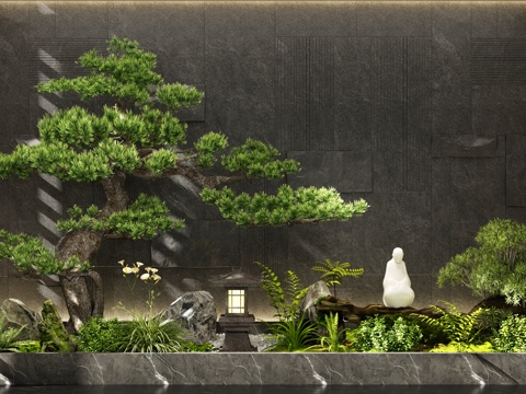  新中式室内景观 景观造景 景观树 庭院景观 植物景观 植物堆3d模型 