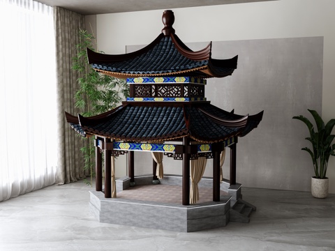  新中式凉亭古建筑su模型 