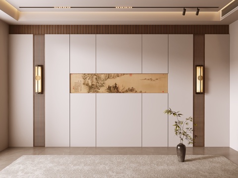  新中式背景墙su模型 