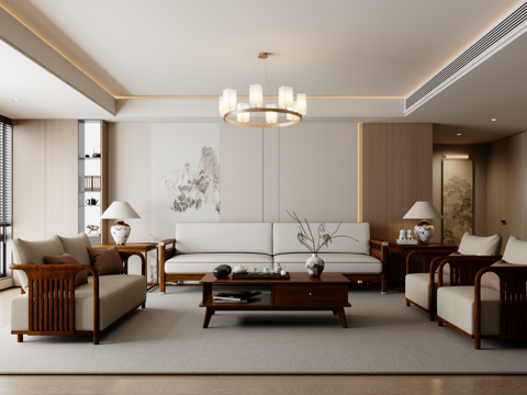  新中式沙发组合 茶几 地毯3d模型 