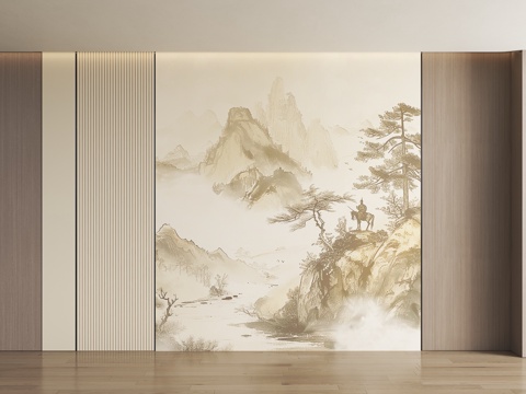  山水画背景墙 山水画护墙板 山水画屏风 新中式禅意硬包 新中3d模型 