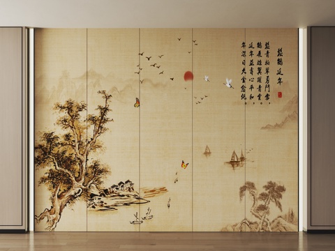  山水画背景墙 山水画护墙板 山水画屏风 新中式禅意硬包 新中3d模型 