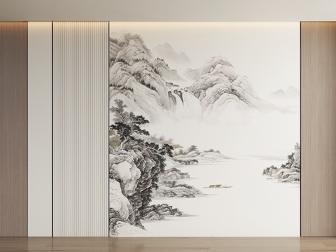  山水画背景墙 山水画护墙板 山水画屏风 新中式禅意硬包 新中3d模型 