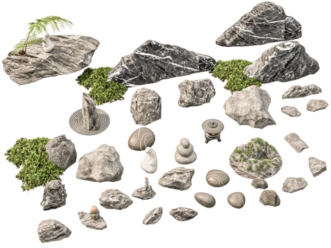  现代石头 新中式庭院石头 枯山水庭院小品 石头景观太湖石 珊su模型 