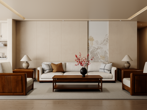  新中式沙发组合 茶几 地毯3d模型 