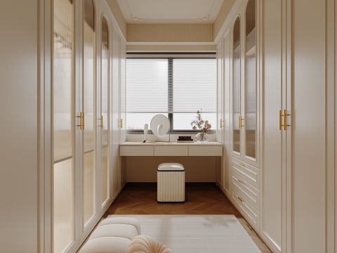  法式奶油风衣帽间 衣柜su模型 