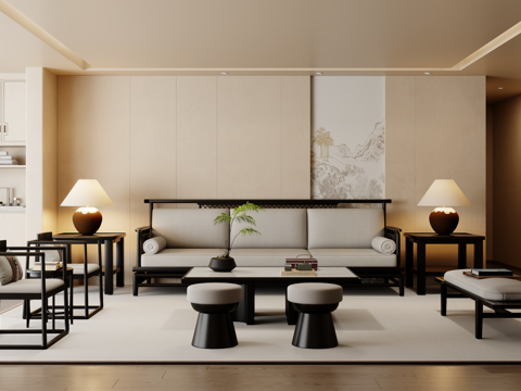  新中式沙发组合 茶几 地毯3d模型 