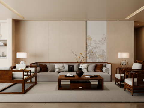  新中式沙发组合 茶几 地毯3d模型 