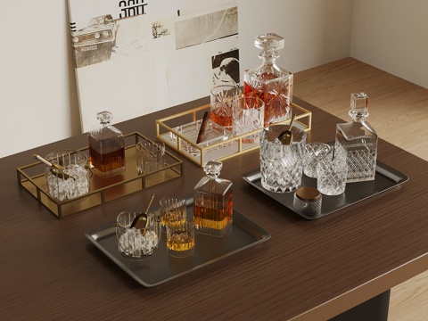  酒水食物 现代托盘酒水 酒杯3d模型 