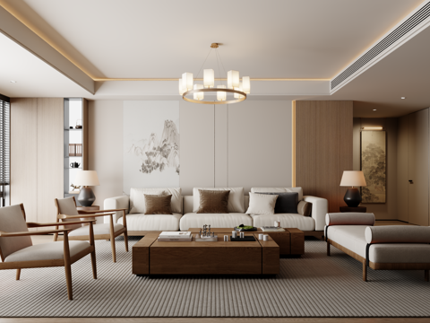  新中式沙发组合 茶几 地毯3d模型 