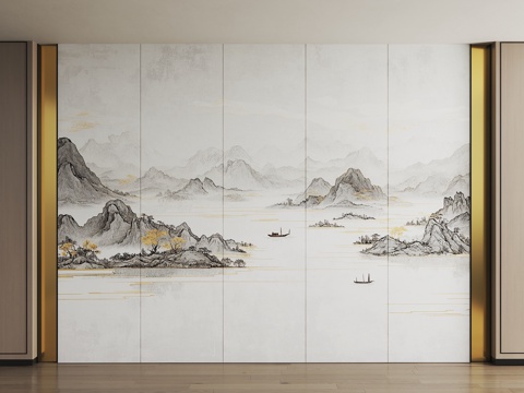  山水画背景墙 山水画护墙板 山水画屏风 新中式禅意硬包 新中3d模型 