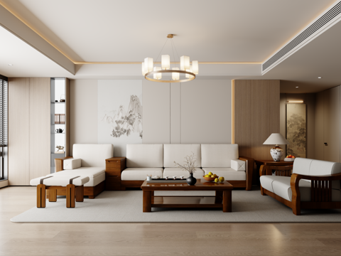  新中式沙发组合 茶几 地毯3d模型 