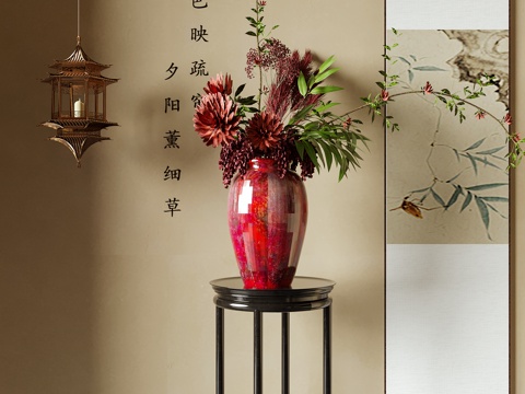  新中式花瓶花艺 插花花艺 挂画3d模型 