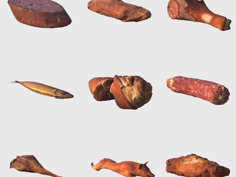  食物烟熏香肠腊肠腊肉火腿腊鱼3d模型 