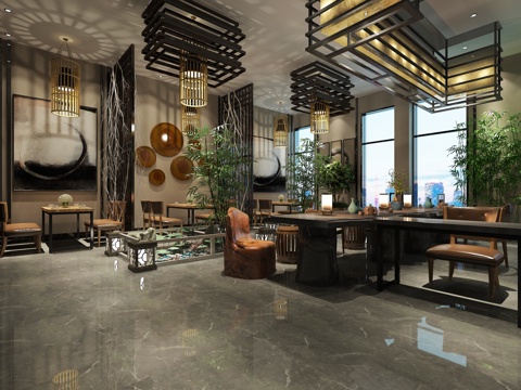  新中式餐厅3d模型 
