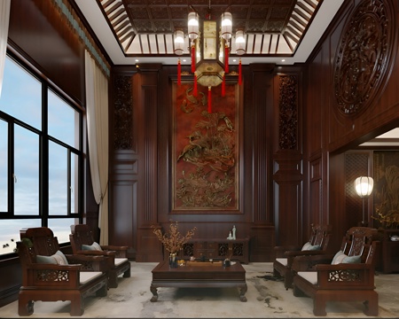  中式别墅客厅 轻奢3d模型 
