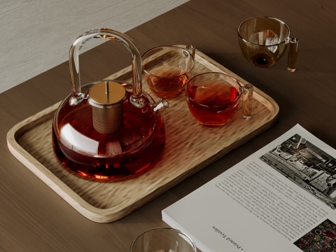  现代茶具摆件 茶几摆件 茶杯 茶壶 茶盘 书籍su模型 
